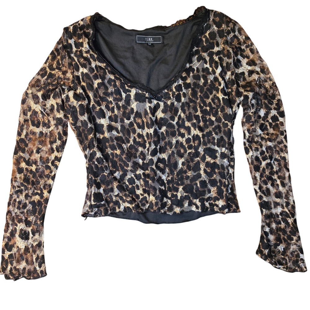 Womens Leopard‎ Print Lace V-Neck Long Sleeve Top Brown Black M Sheer Sleeves